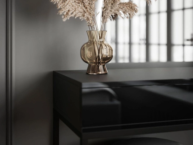 Kosmetiktisch linksseitig mit Schubladen und LED-Beleuchtung auf schwarzen Beinen Clarette Schwarz Hochglanz