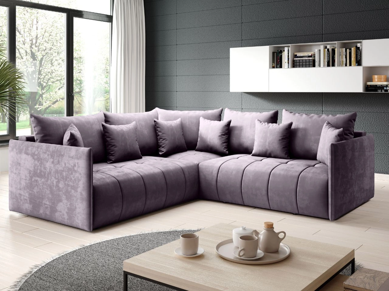 Ecksofa L-Form mit Schlaffunktion und Bettkasten Ardi L Hellviolett