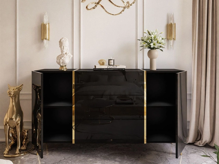 Zweitürige Kommode 158 cm mit drei Schubladen und Metallbeinen Lunelie Schwarzglanz