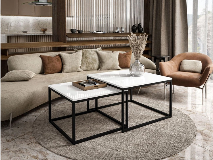 Couchtisch auf schwarzem Gestell Asumi Weiß Hochglanz 40x46