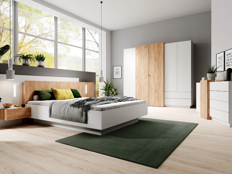 Holzbett mit Nachttischen Morten Weiß Goldene Craft Eiche