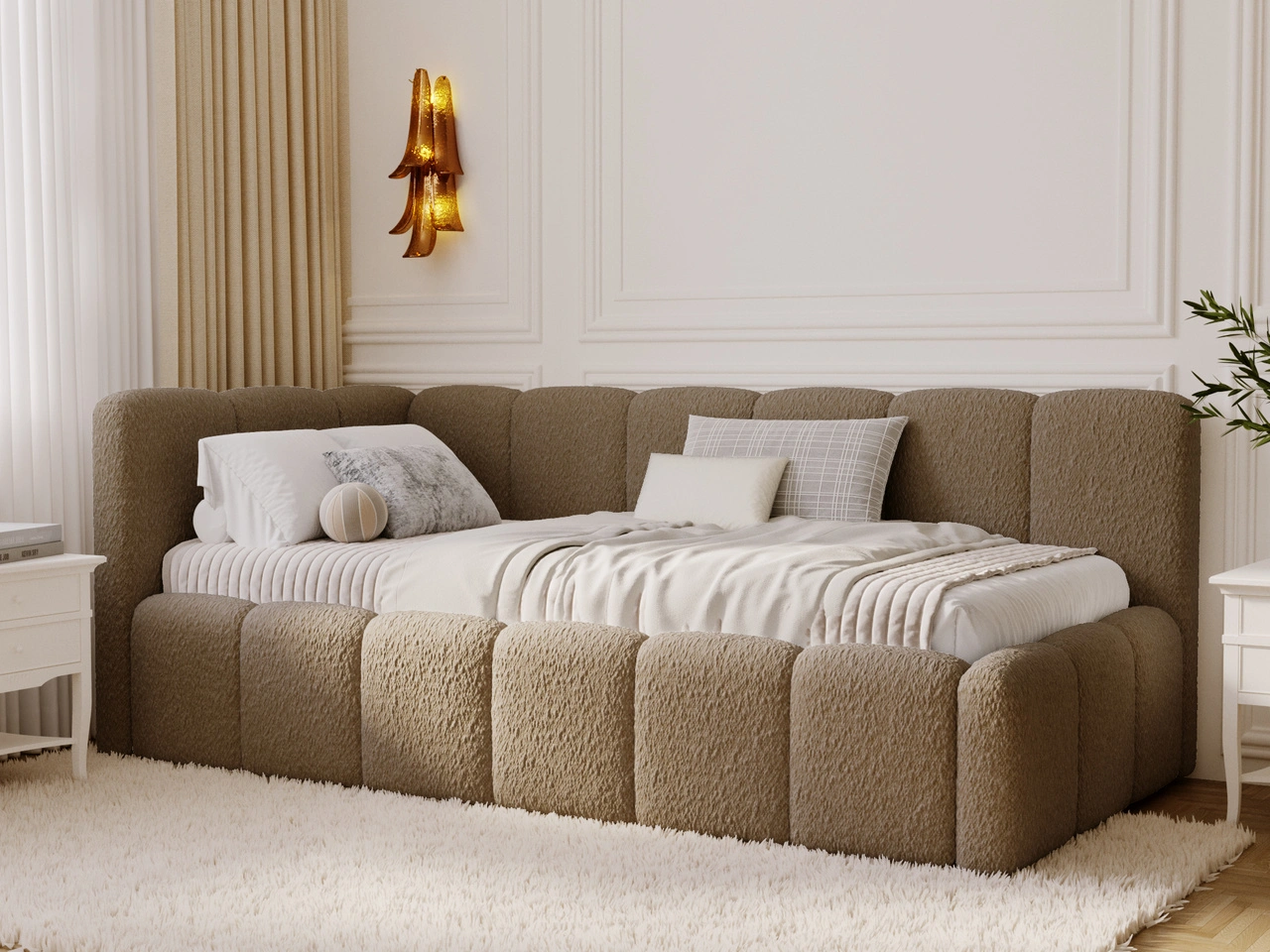 Jugendbett Einzelbett mit Bettkasten und Lattenrost 90x200 Cloud One Braun Bouclé-Stoff