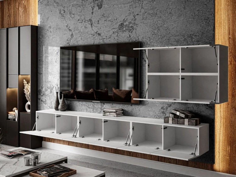 Hängende Wohnwand für das Wohnzimmer mit LED-Beleuchtung Nodoo Weiß Hochglanz