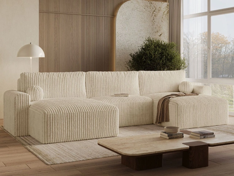 Wohnlandschaft mit Schlaffunktion und Bettkasten Aurora Beige