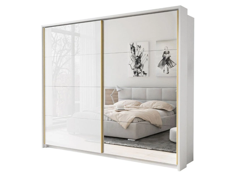 Schwebetürenschrank Zweitüriger mit Aufsatz und Spiegel 254 cm Noaé Weiß Hochglanz