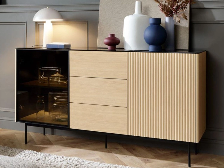 Kommode mit LED-Beleuchtung, 2 Türen und Schubladen Auroé Eiche Vicenza