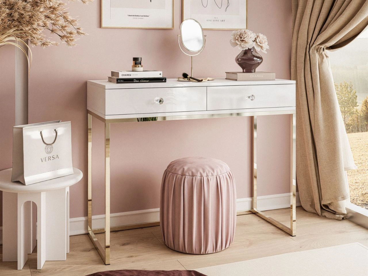 Konsolentisch mit Schubladen, goldenem Gestell und Kristallgriffen Brisa Weiß Hochglanz