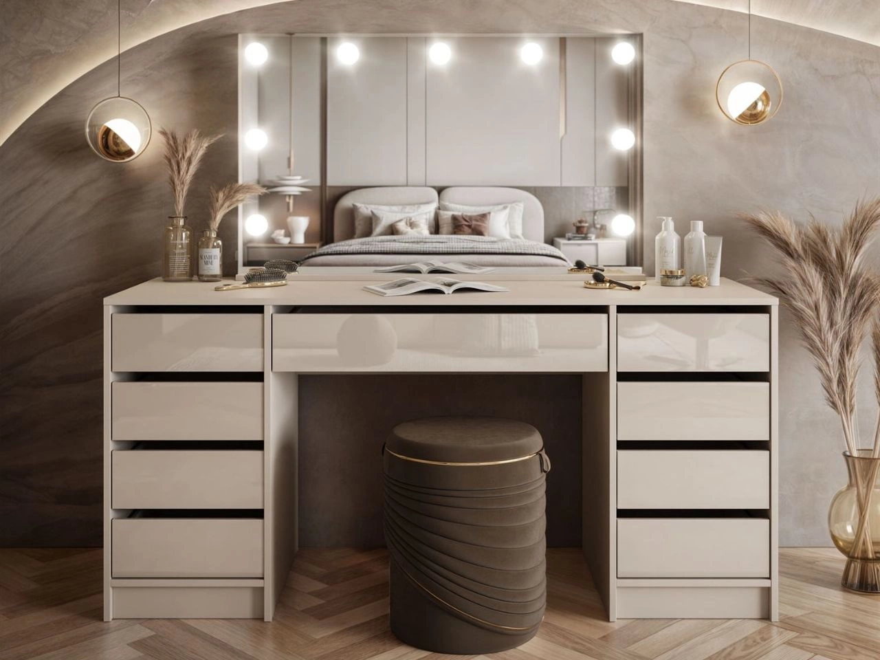 Breiter Schminktisch mit Spiegel, Schubladen und LED-Beleuchtung Melo Elite Kaschmir Hochglanz