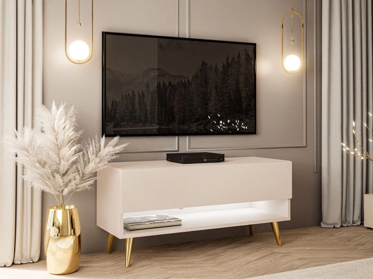 TV-Schrank 90 cm mit LED-Beleuchtung und goldenen Beinen Aurelie Kaschmir matt