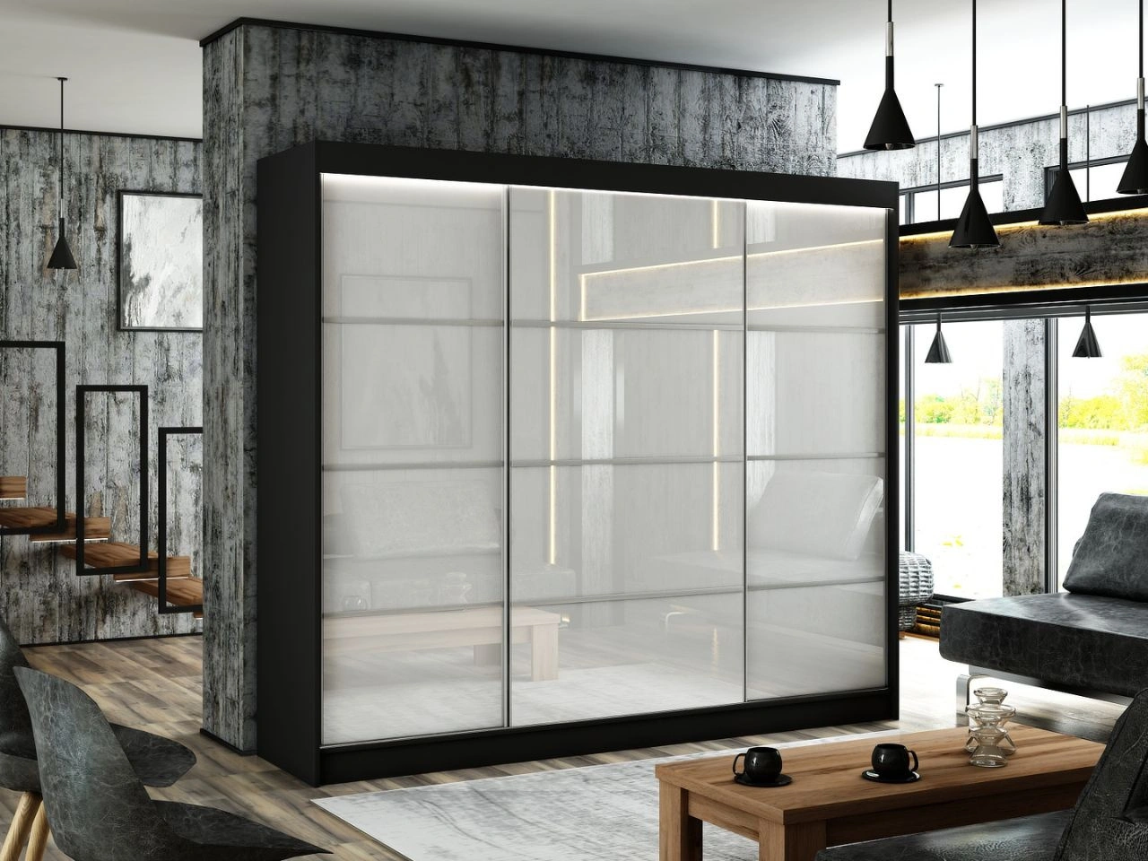 Schiebetürenschrank mit Sprossen 250 cm mit LED-Beleuchtung Ponti Schwarz, Weiß