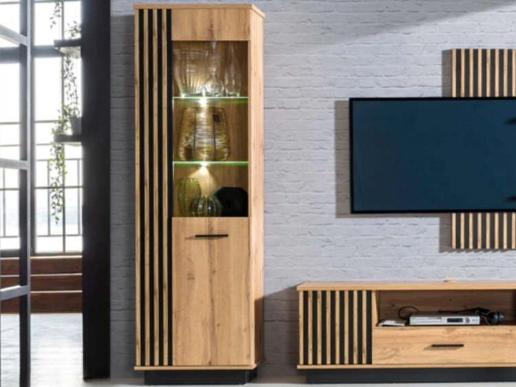 Standvitrine mit LED-Beleuchtung Lavero Wotan Eiche, Schwarz matt