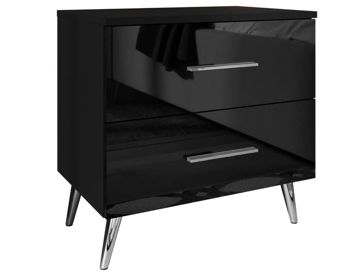 Nachttisch mit Schubladen auf Silbernen Metallbeinen Nuveo Schwarz Hochglanz