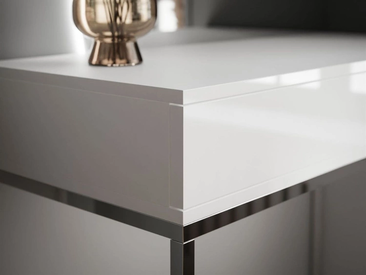 Kosmetiktisch linksseitig mit Schubladen und LED-Beleuchtung auf silbernen Beinen Clarette Weiß Hochglanz