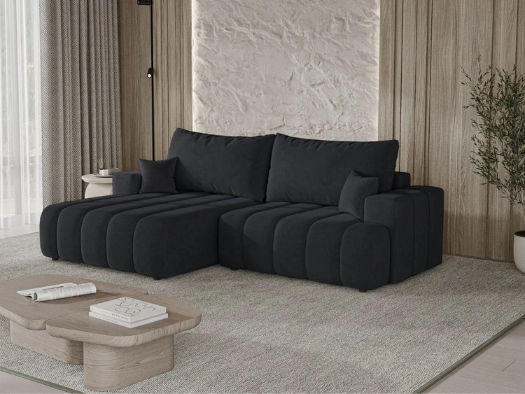 Ecksofa L-Form Links mit Schlaffunktion und Bettkasten Caleo Schwarz