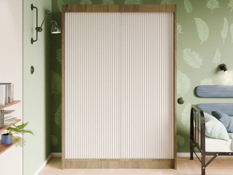 Schiebetürenschrank mit geriffelter Front 150 cm Fano Handwerk Goldene Eiche, Weiß