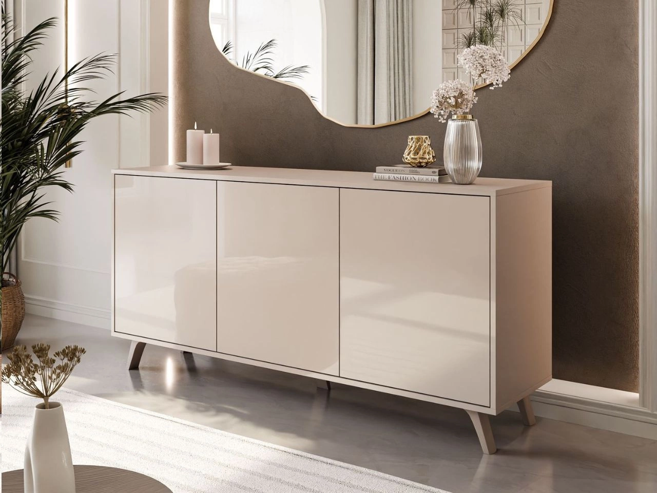 Dreitürige Kommode 154 cm Glamour-Stil auf kaschmirfarbenen Beinen Vivance Kaschmirglanz