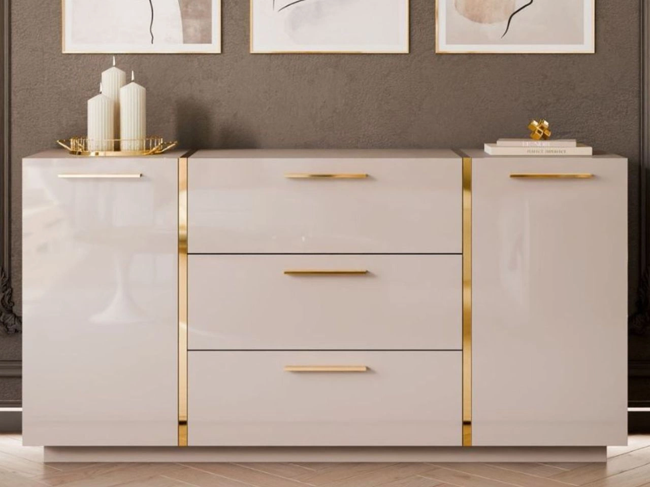 Zweitürige Kommode 158 cm mit drei Schubladen Lunelie Kaschmirglanz