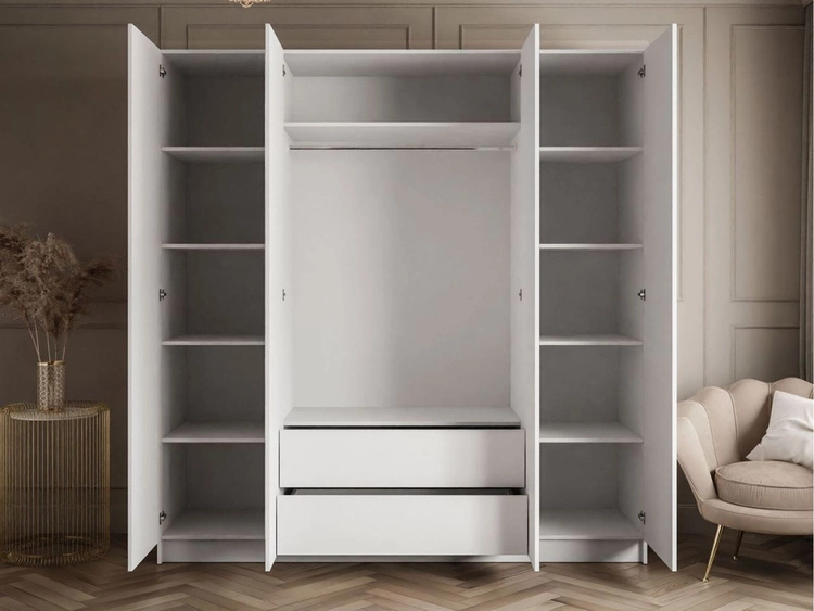 Kleiderschrank mit Drehtüren, Schubladen und Spiegeln Ameli Weiß Hochglanz