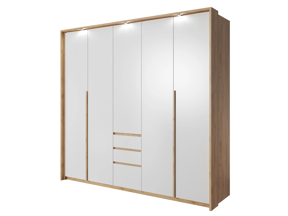 Fünftüriger Kleiderschrank mit Drehtüren und LED-Beleuchtung Baffi Eiche Craft Gold, Weiß