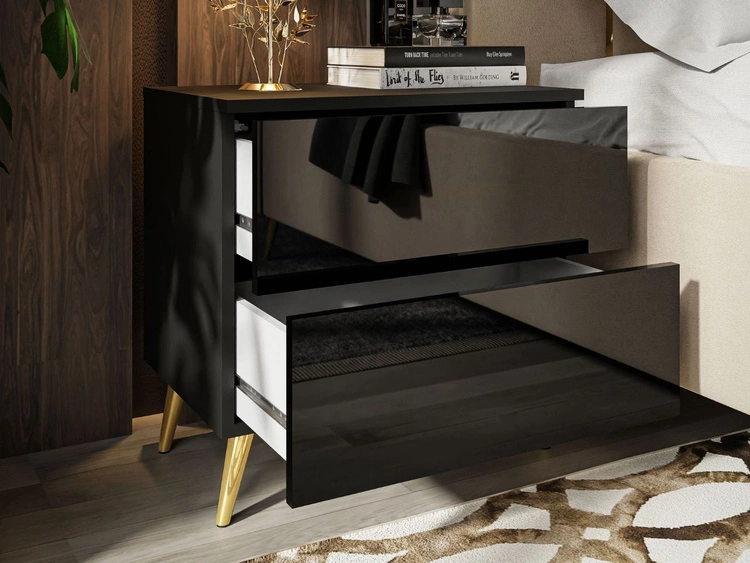 Nachttisch mit Schubladen auf Goldenen Metallbeinen Nuveo Schwarz Hochglanz