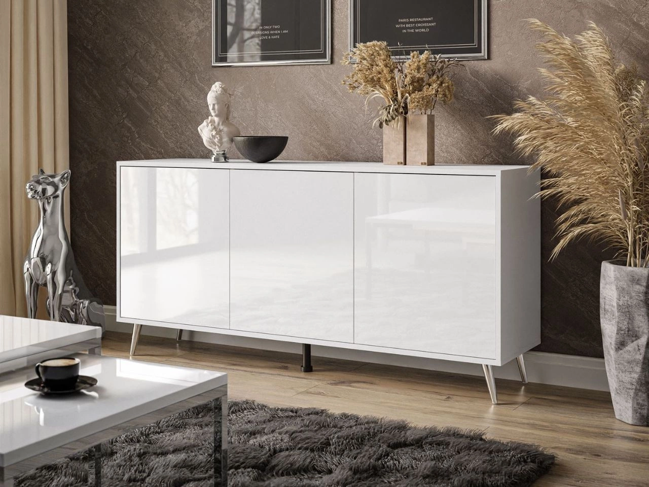 Dreitürige Kommode 154 cm Glamour-Stil auf silberfarbenen Metallbeinen Vivance Weißglanz