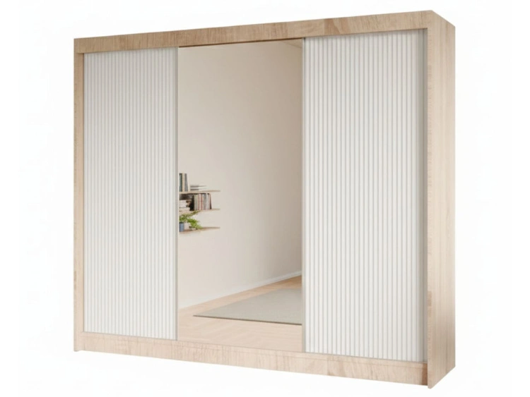Schiebetürenschrank mit geriffelter Front und Spiegel 250 cm Fano Eiche Sonoma, Weiß