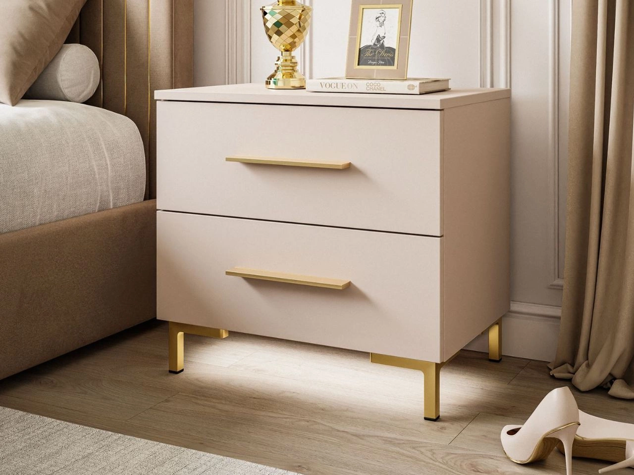 Nachttisch mit zwei Schubladen auf Goldenen Beinen Nuveo Kaschmir