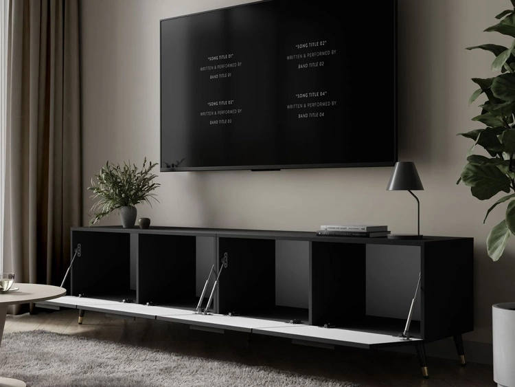 TV-Lowboard mit Türen auf Schwarz-Goldenen Metallbeinen 200 cm Noaé Schwarz Hochglanz