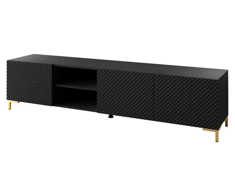 TV-Schrank mit goldenen Kunststoffbeinen und 3D-gefrästen Fronten Celiane Schwarz matt