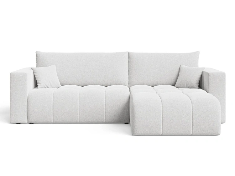 Ecksofa L-Form mit Schlaffunktion und Bettkasten Neva Bouclé-Stoff Weiß