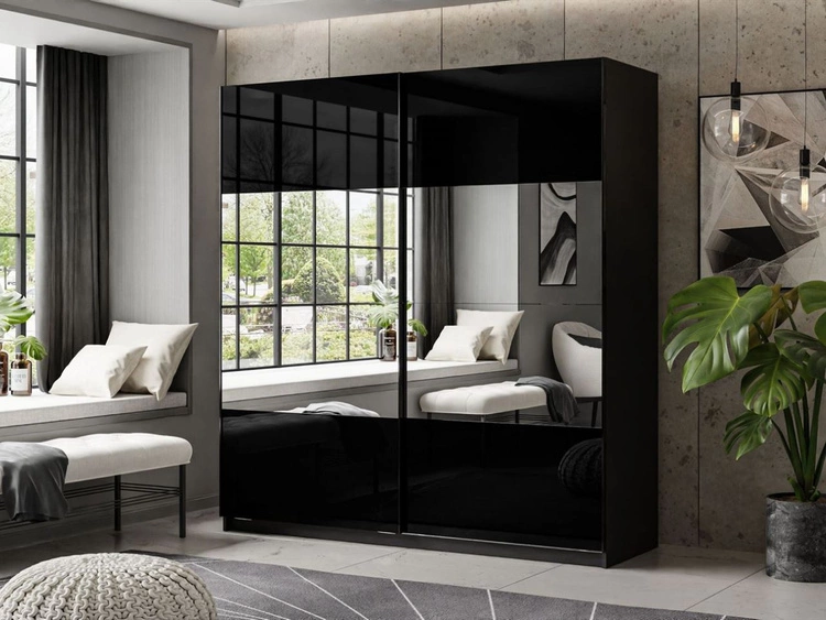 Schwebetürenschrank Zweitüriger mit Spiegel 194 cm Nuveo Schwarz Hochglanz