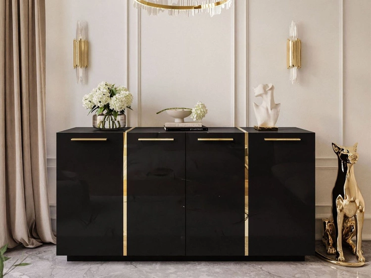 Viertürige Kommode 158 cm Glamour-Stil mit goldenen Griffen Lunelie Schwarzglanz