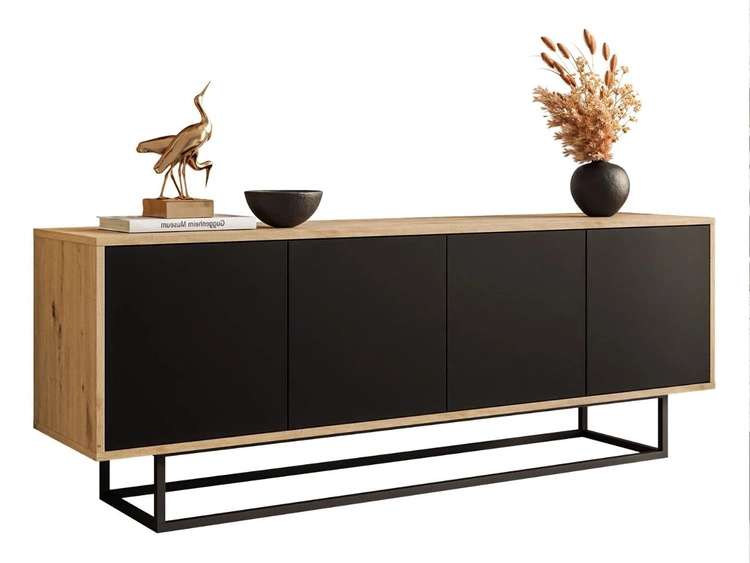 TV-Lowboard mit Türen auf schwarzem Gestell Vivance Schwarz und Artisan Eiche