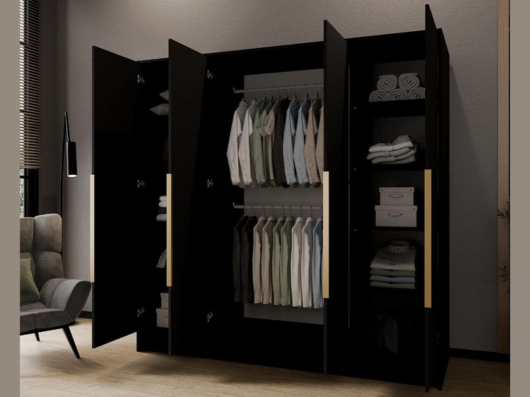 Kleiderschrank mit Spiegel 200 cm Lucca Schwarz mit goldenen Griffen