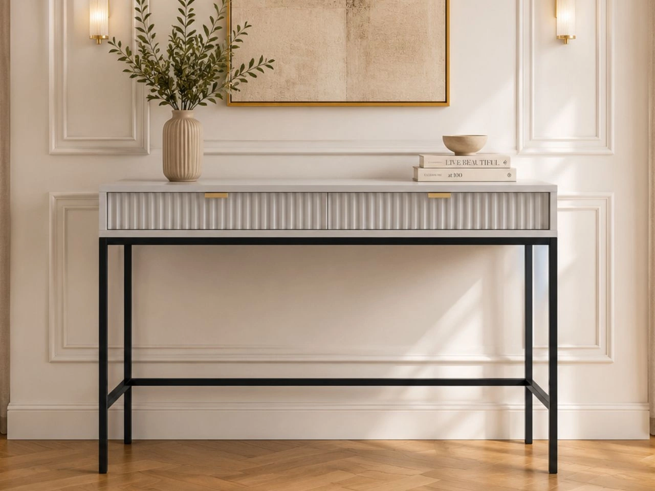 Schminktisch mit Schubladen Amber Grau, Schwarz Frame