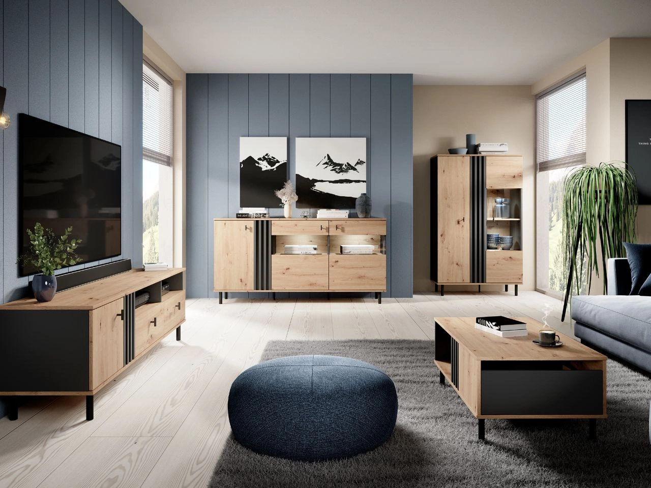 Wohnzimmer-Set Malone Artisan Eiche, Anthrazit