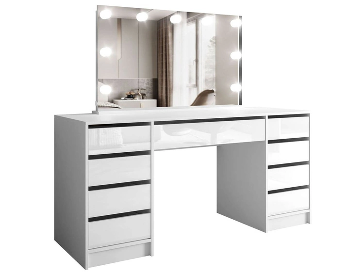 Breiter Schminktisch mit Spiegel, Schubladen und LED-Beleuchtung Melo Elite Weiß Hochglanz