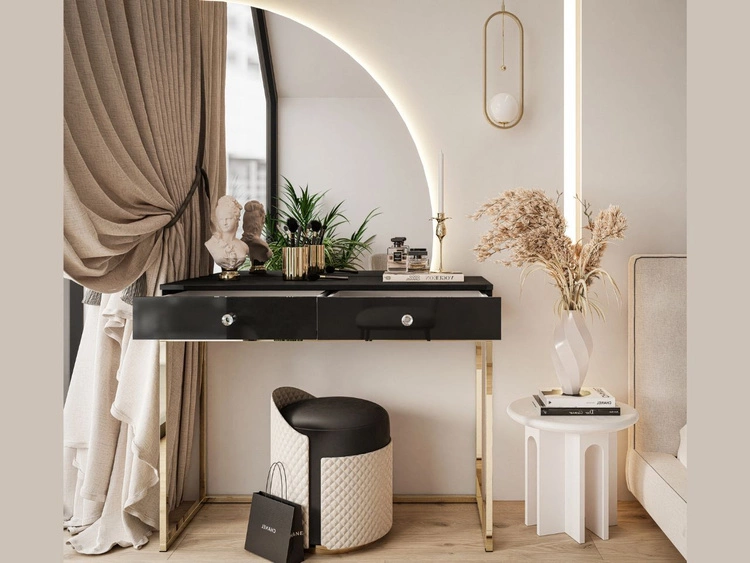 Kosmetiktisch rechtsseitig mit Schubladen und LED-Beleuchtung auf goldenen Beinen Clarette Schwarz Hochglanz