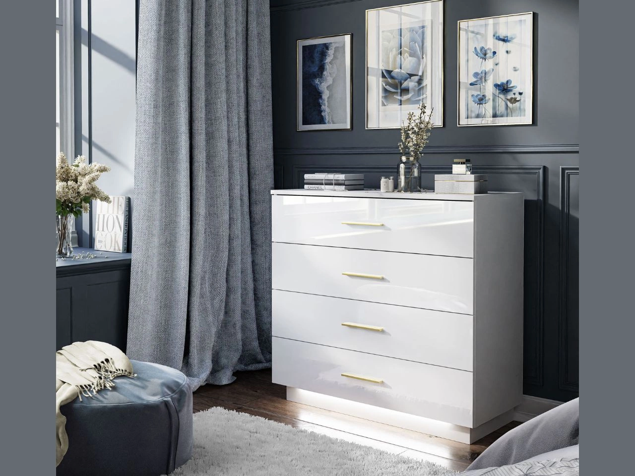 Kommode mit vier Schubladen und LED-Beleuchtung Nuveo Weiß Hochglanz