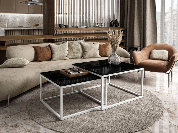 Couchtisch auf weißem Gestell Asumi Schwarz Hochglanz 40x46