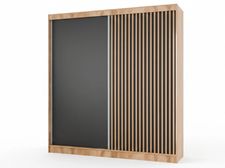 Schiebetürenschrank mit Lamellen 200 cm Loreto Handwerk Goldene Eiche, Schwarz