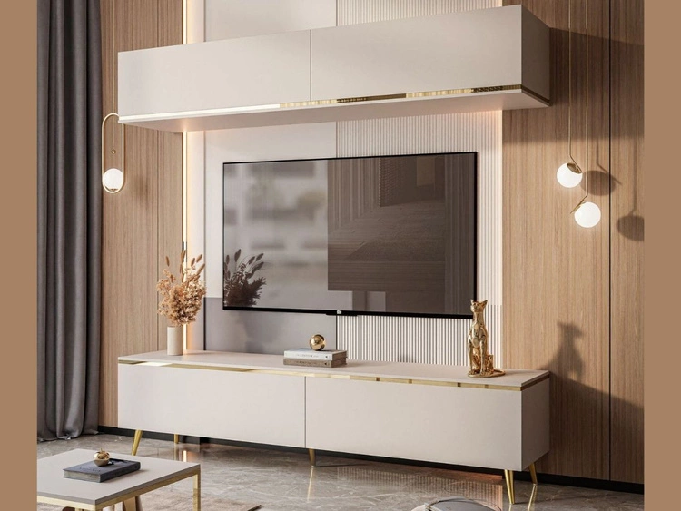 Wohnwand aud goldenen Beinen für das Wohnzimmer Evare Kaschmir