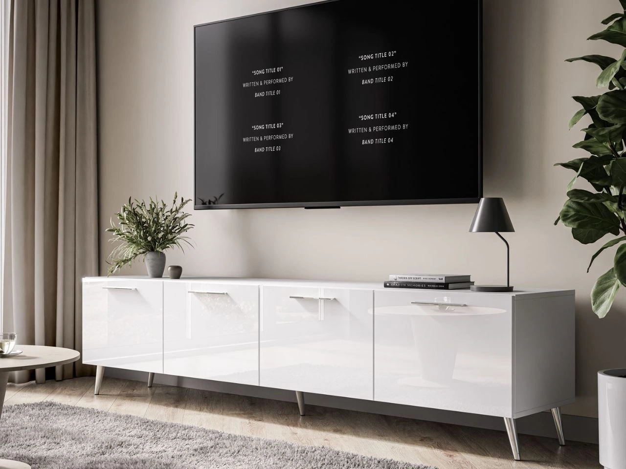 TV-Lowboard mit Türen auf Silbernen Metallbeinen 200 cm Noaé Weiß Hochglanz