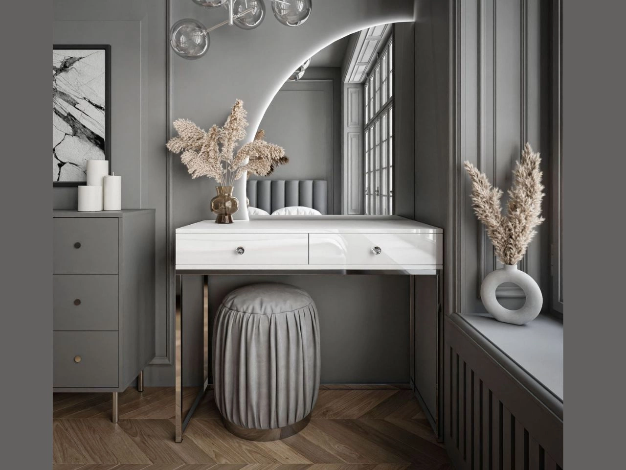 Kosmetiktisch  linksseitig mit Schubladen und LED-Beleuchtung auf silbernen Beinen Clarette Weiß Hochglanz