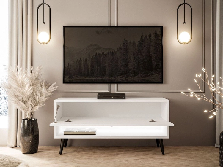 TV-Schrank 90 cm mit LED-Beleuchtung und schwarzen Beinen Aurelie Weiß Hochglanz