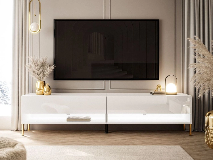 TV-Schrank für das Wohnzimmer 180 cm mit goldenen Metallbeinen und LED-Beleuchtung Aurelie Weiß Hochglanz