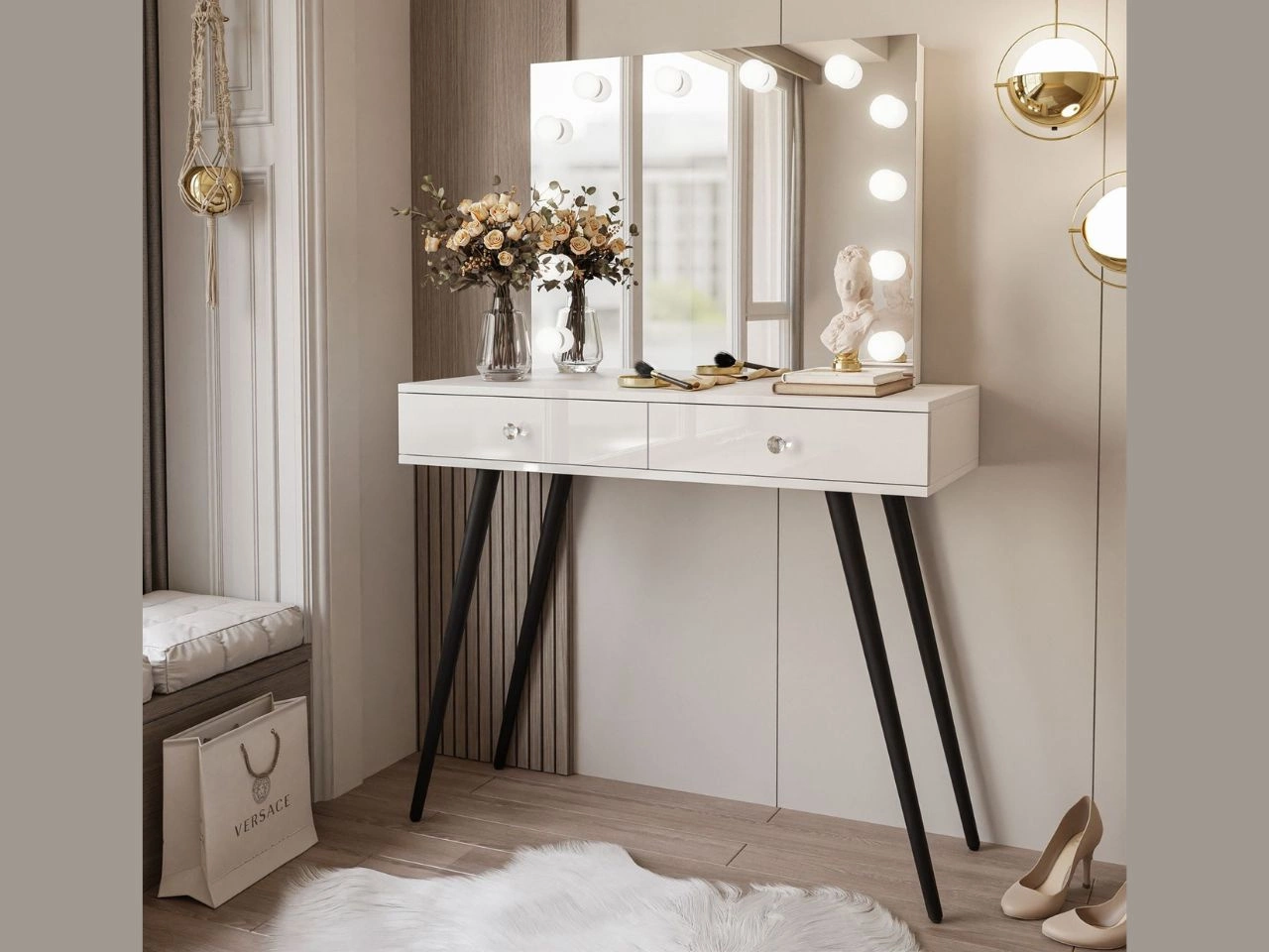 Schminktisch im Glamour-Stil mit schwarzen Beinen, Kristallgriffen und LED-Beleuchtung Olivine Elite Weiß Hochglanz