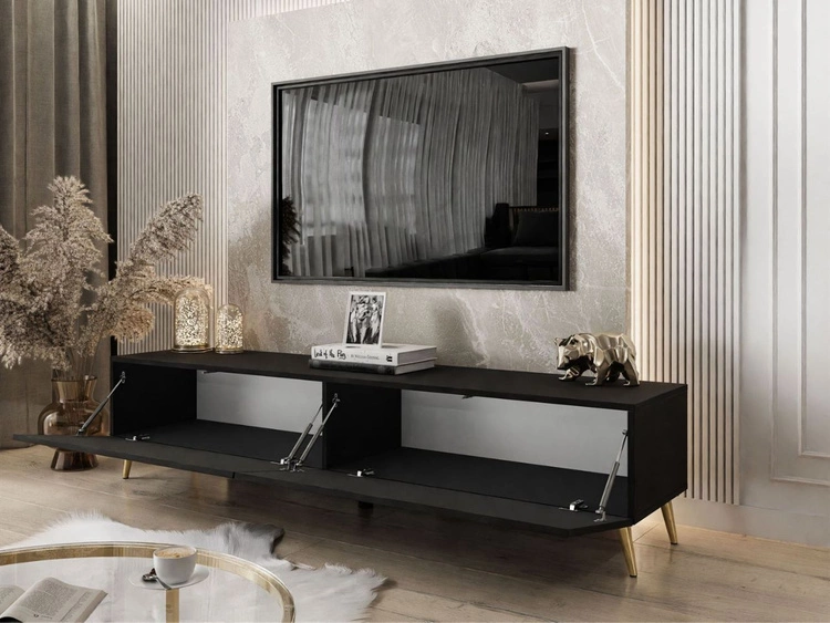 TV-Lowboard mit zwei Türen auf golden Beinen 175 cm mit LED-Beleuchtung Sorelle Schwarz Matt