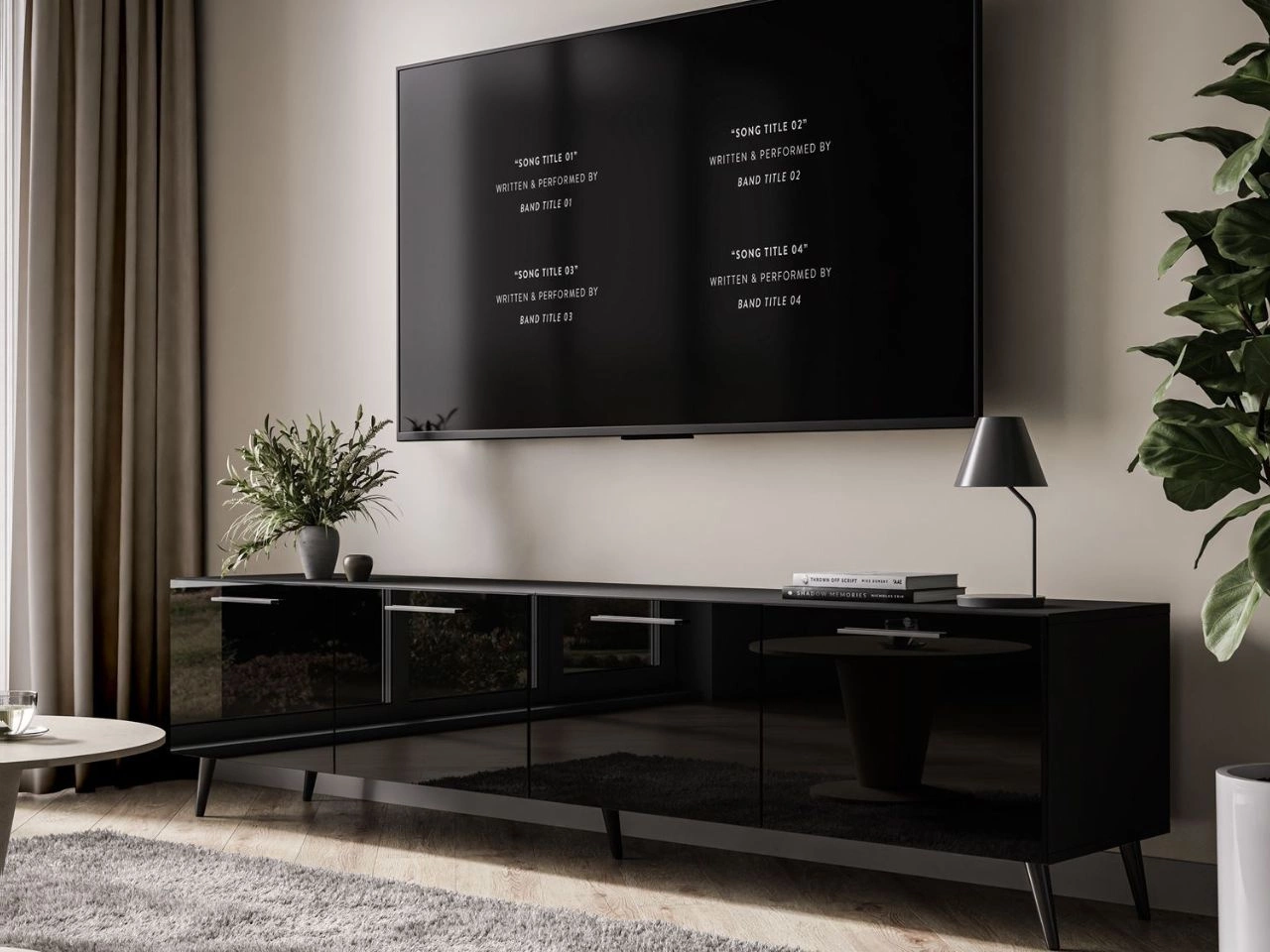 TV-Lowboard mit Türen auf Schwarzen Metallbeinen 200 cm Noaé Schwarz Hochglanz