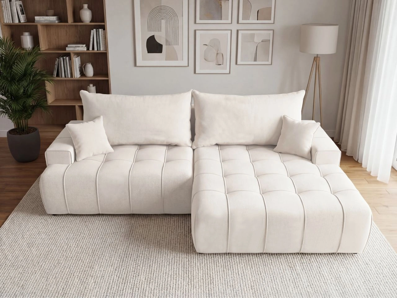 Ecksofa L-Form mit Schlaffunktion und Bettkasten Tulio Rechts Creme